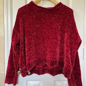 ZARA | Red Soft Chenille Knit Crewneck Sweater with Scallop Trim - Size L